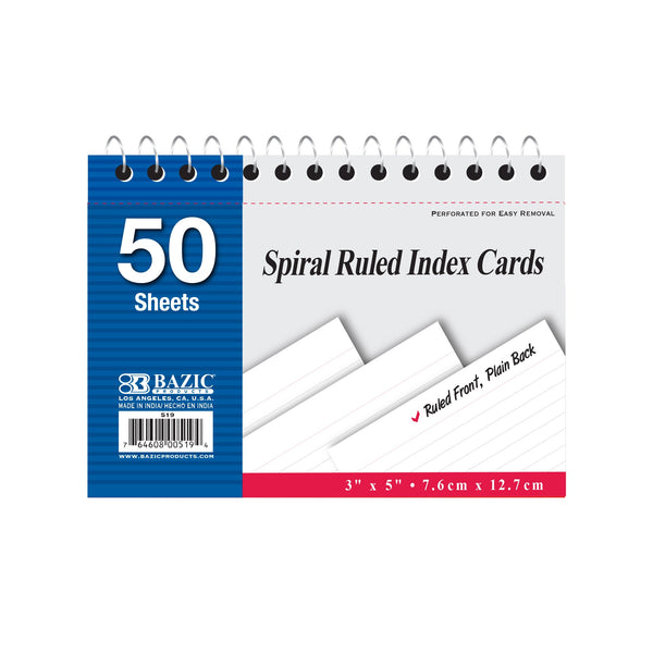 50 Ct. Spiral Bound 3" X 5" Ruled White Index Card
