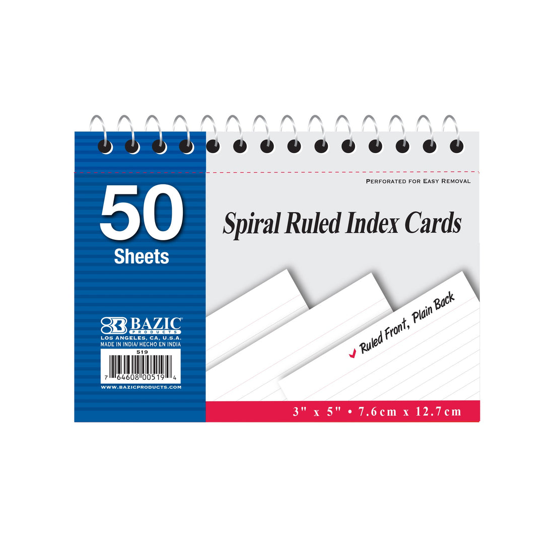 50 Ct. Spiral Bound 3" X 5" Ruled White Index Card