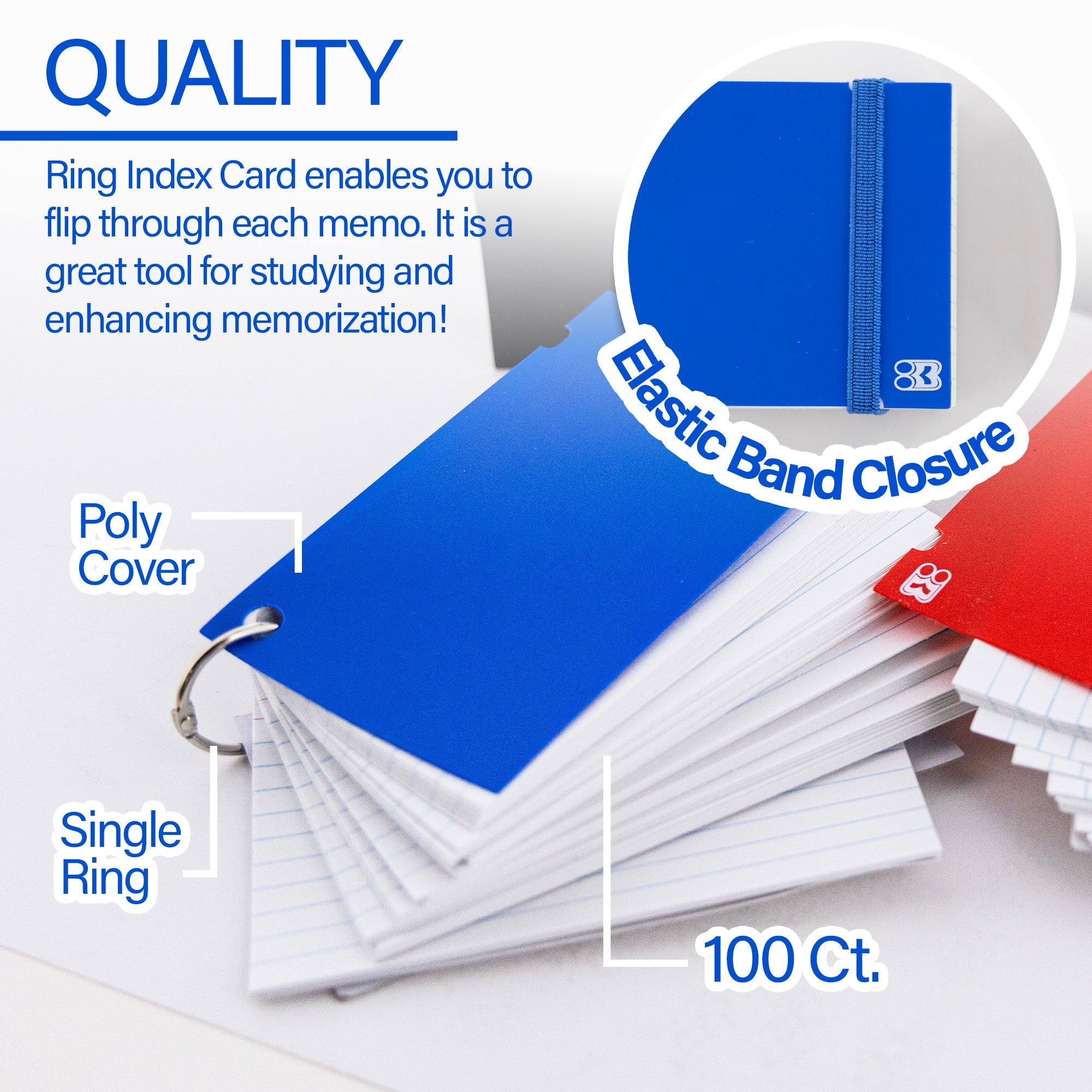 Ruled White Index Card Poly Cover w/ Ring 3" x 5" 100 Ct.