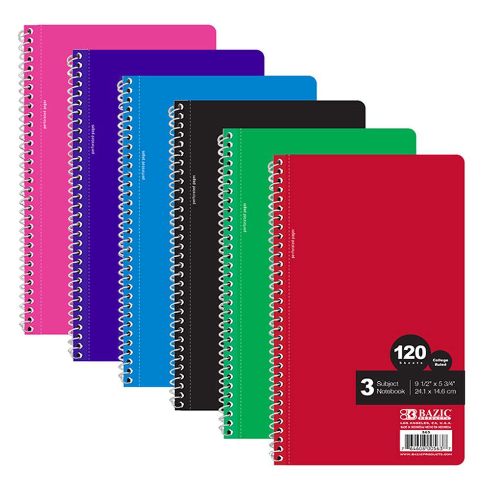 Notebook Spiral C/R 3-Subject 9.5" X 5.75" 120 Ct.
