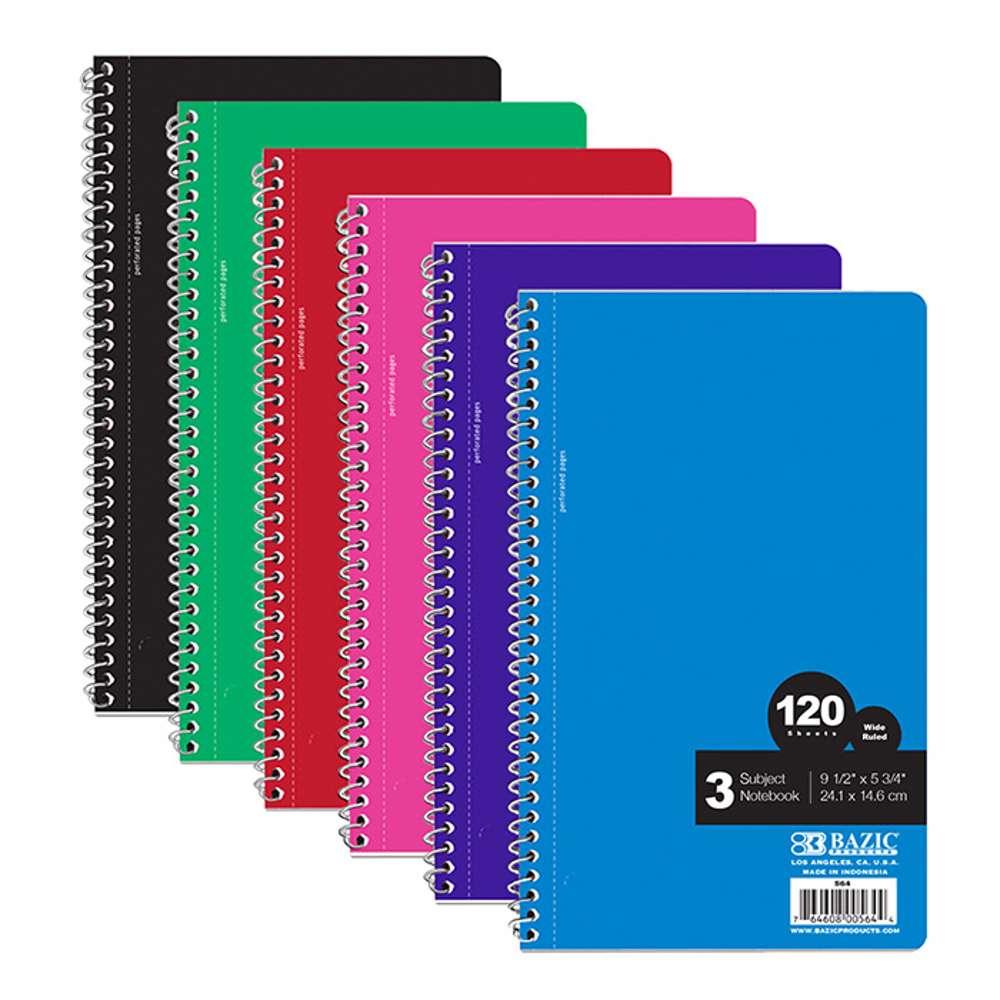 Notebook Spiral W/R 3-Subject 9.5" X 5.75" 120 Ct.