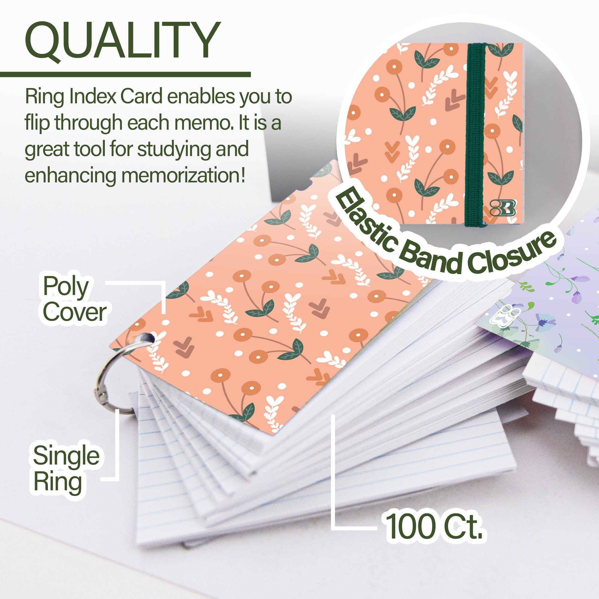 Ruled White Index Card Fashion Poly Cover w/ Ring 3" x 5" 100 Ct.
