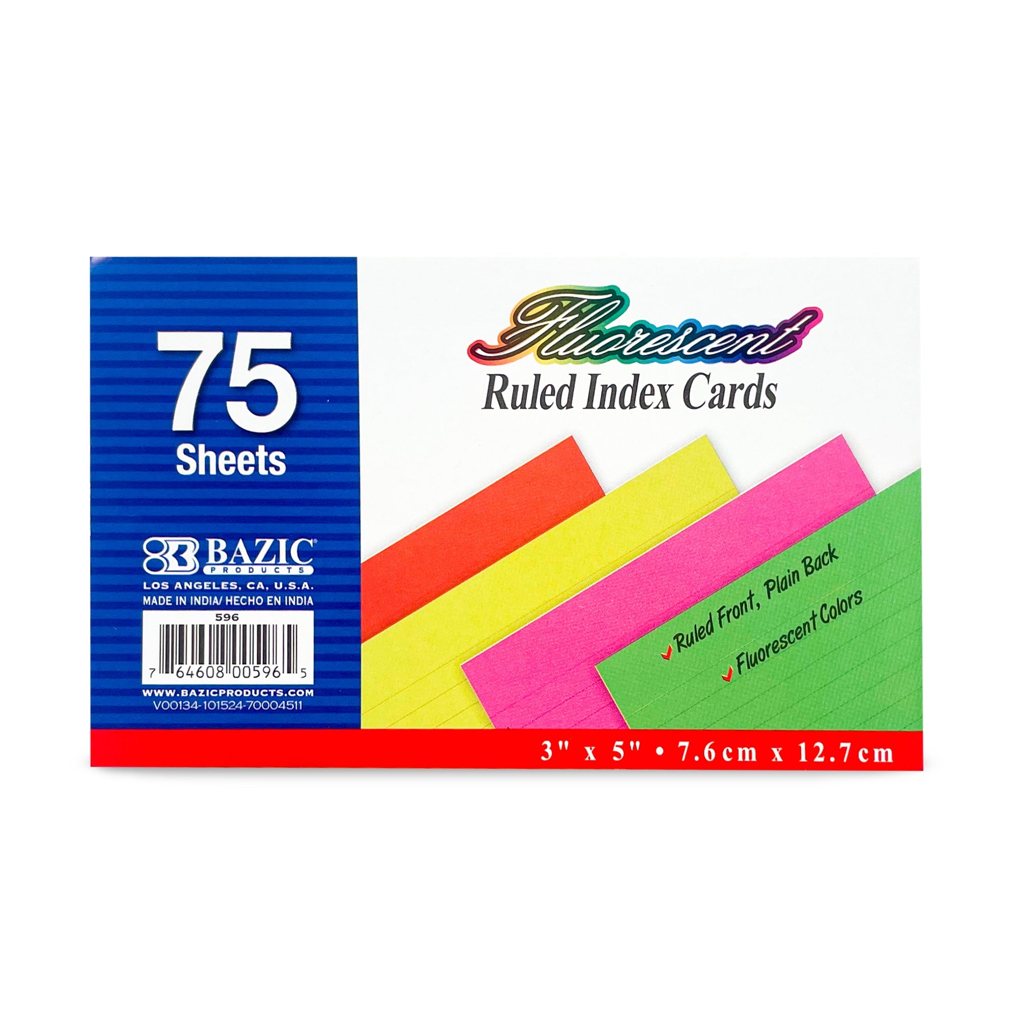 Ruled Fluorescent Colored Index Card 3" X 5" 75 Ct.