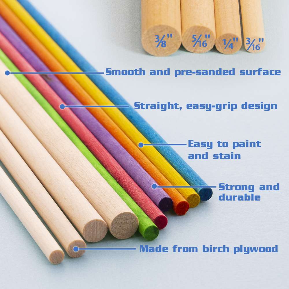 Wooden Dowel Round Multi-Colored 3/16" x 12" (15/Bag)