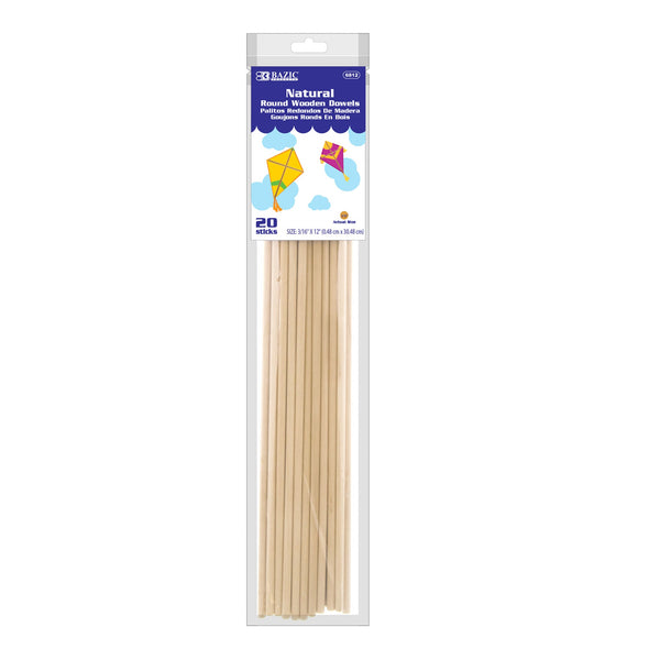 3/16" x 12" Round Natural Wooden Dowel (20/Bag)