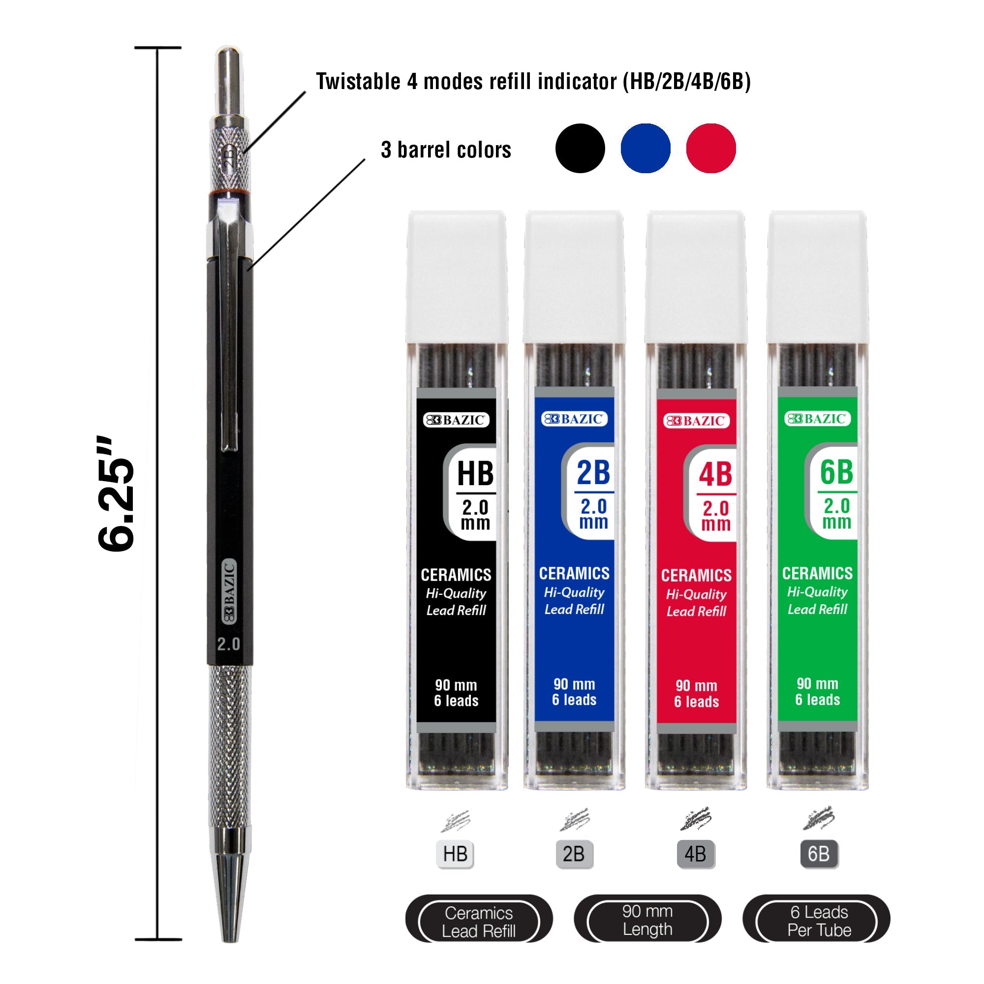 2.00 mm Mechanical Pencil w/ HB 2B 4B 6B Lead