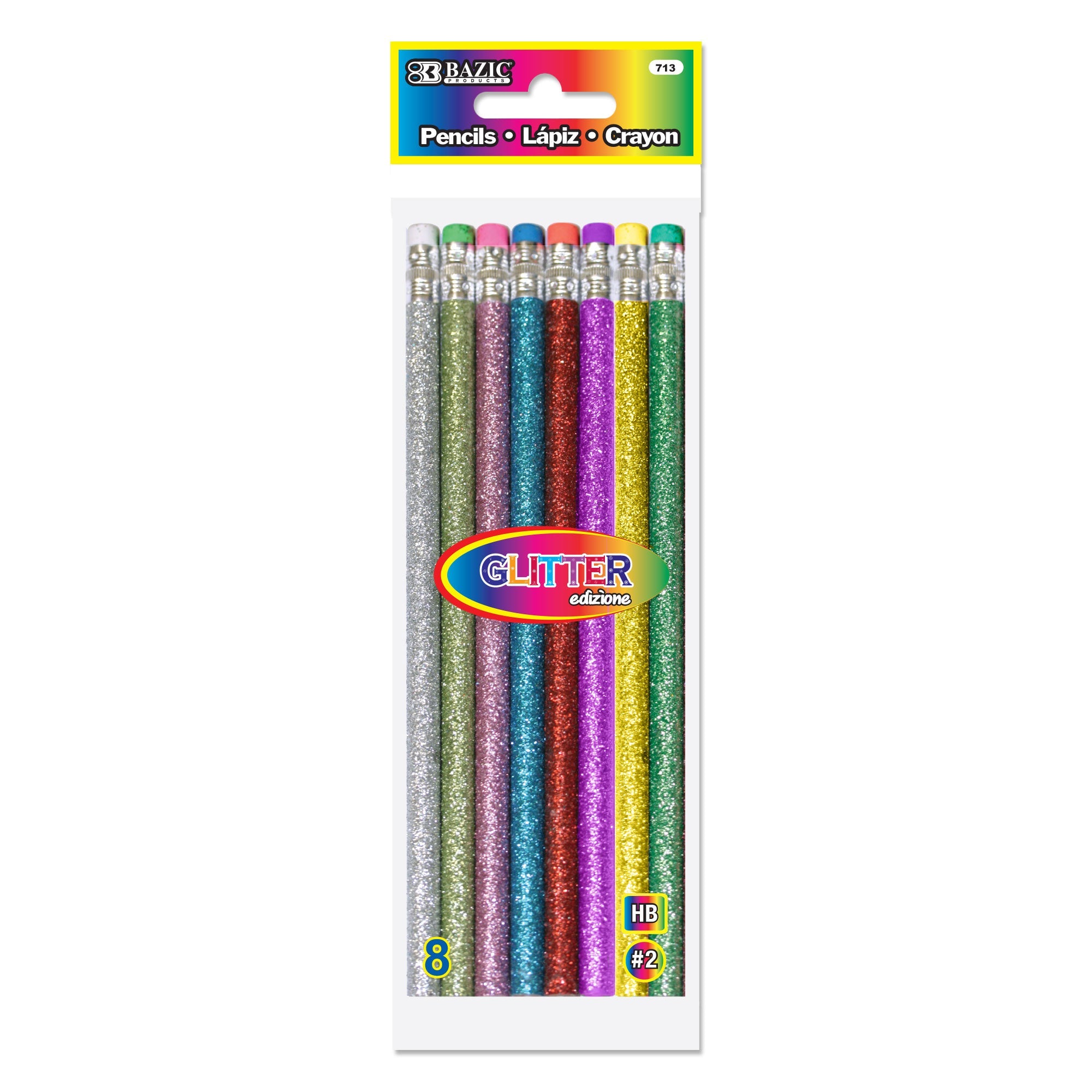 Wood Pencil w/ Eraser Metallic Glitter (8/Pack)