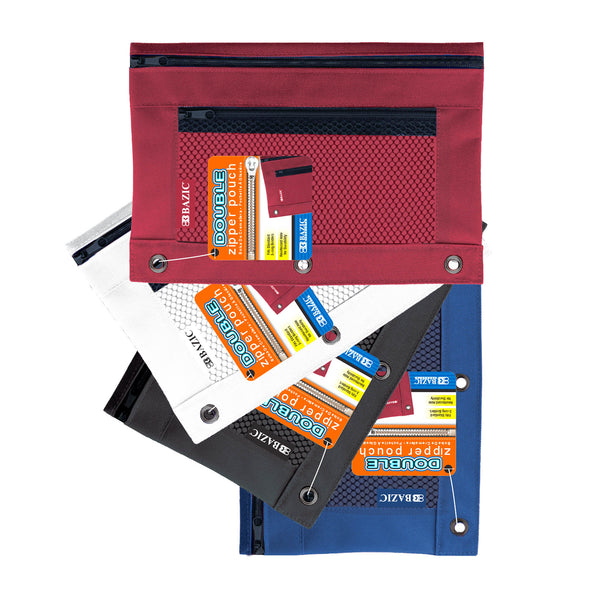 Double Zipper 3-Ring Pencil Pouch w/ Mesh Window