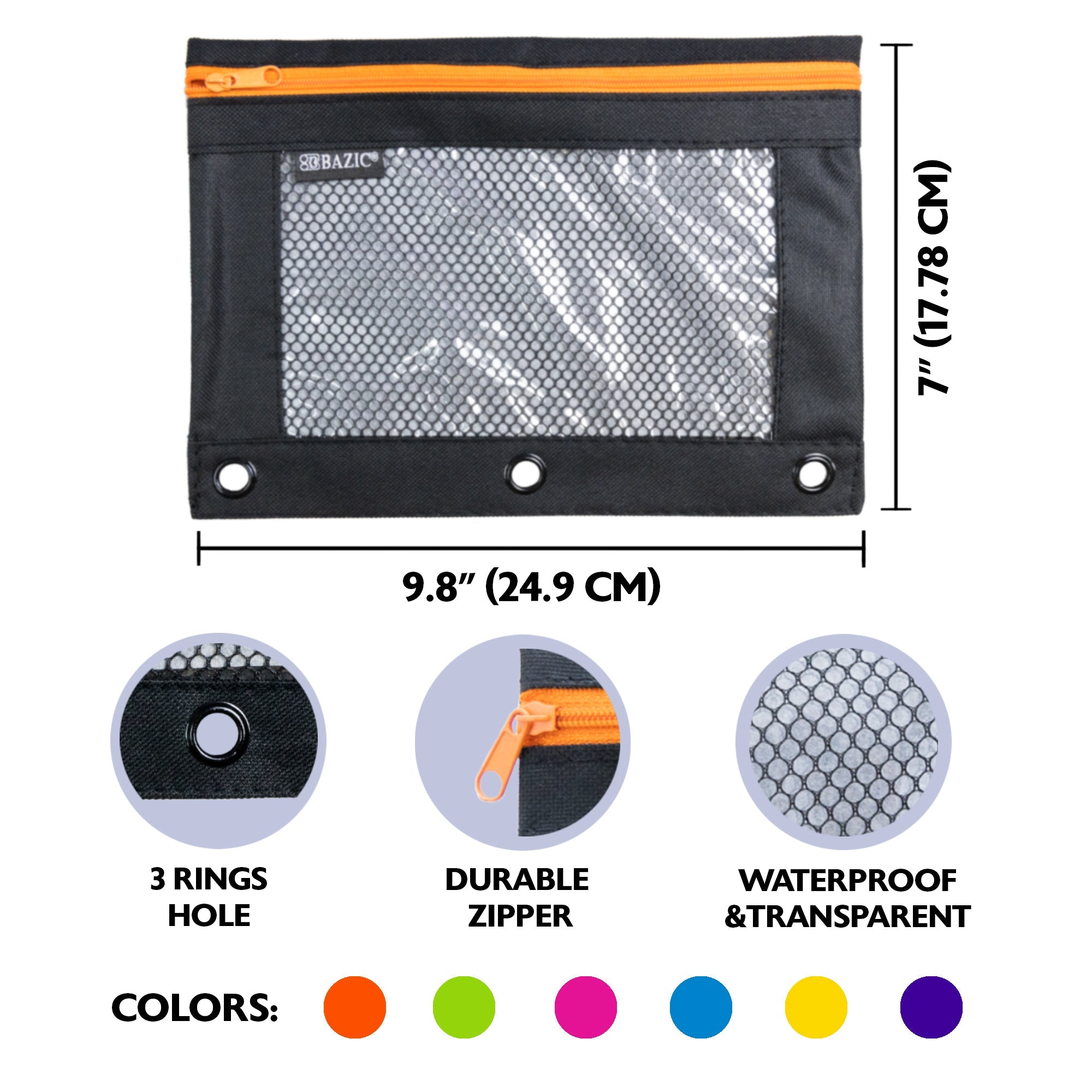 Pencil Pouch Neon Black 3 Ring Binder Pouch w/ Mesh Window
