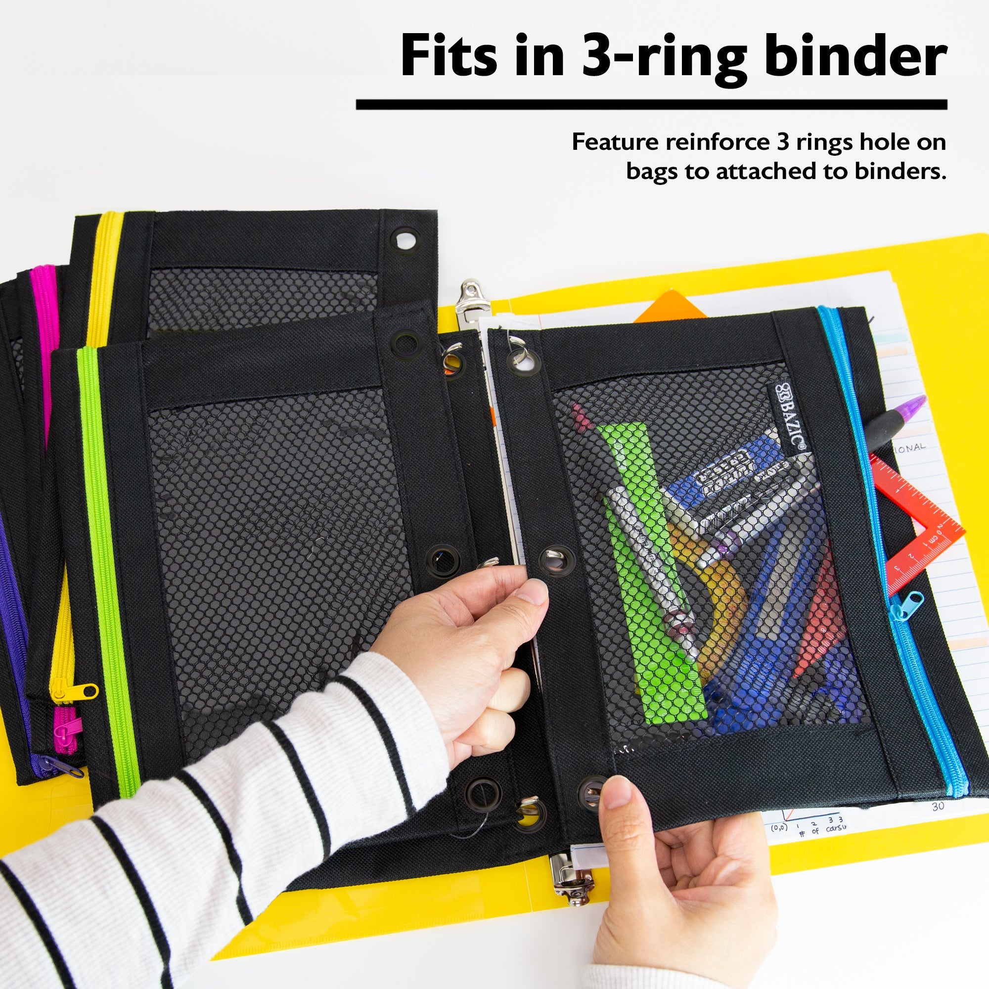Pencil Pouch Neon Black 3 Ring Binder Pouch w/ Mesh Window