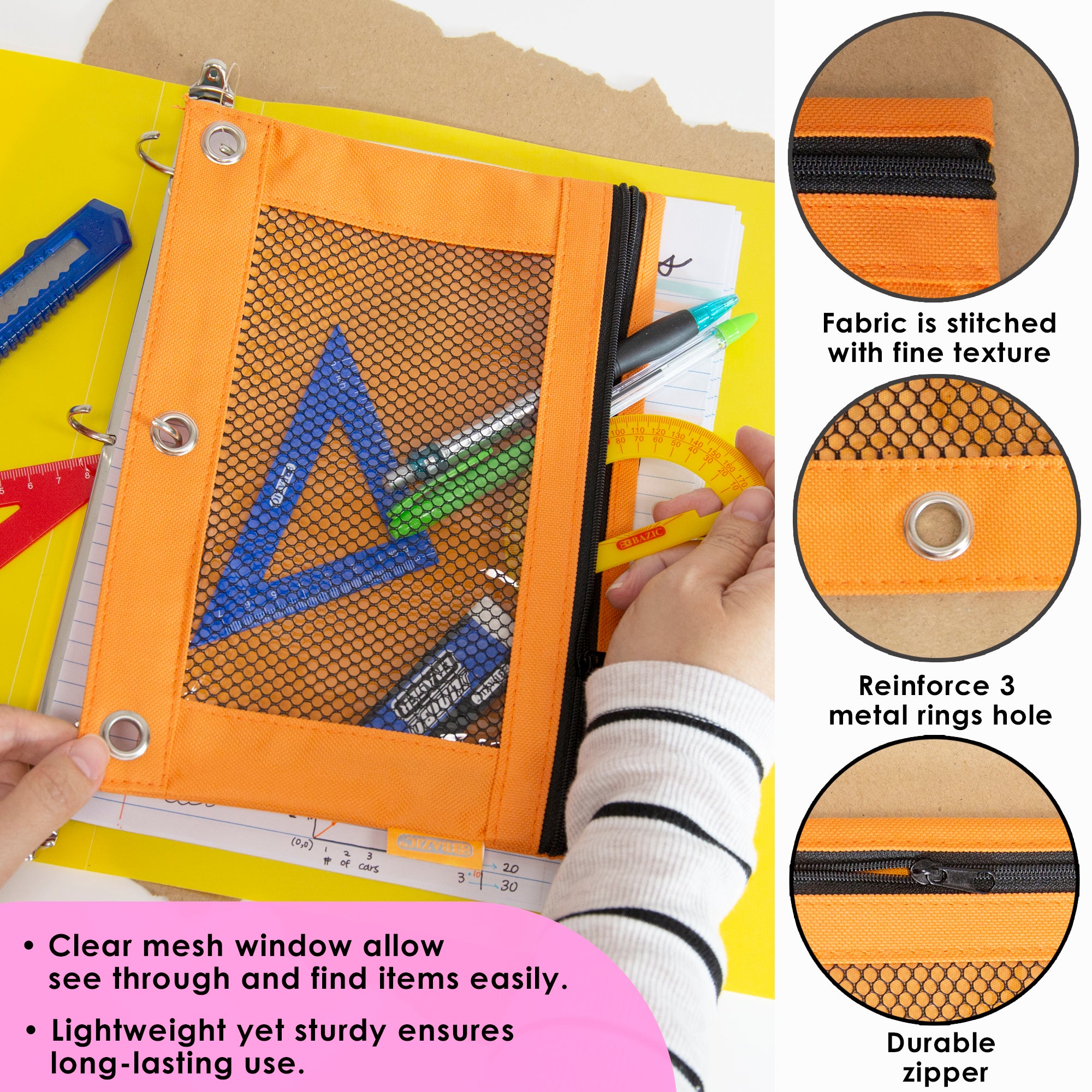 Retro Color 3-ring Pencil Pouch w/ Mesh Window