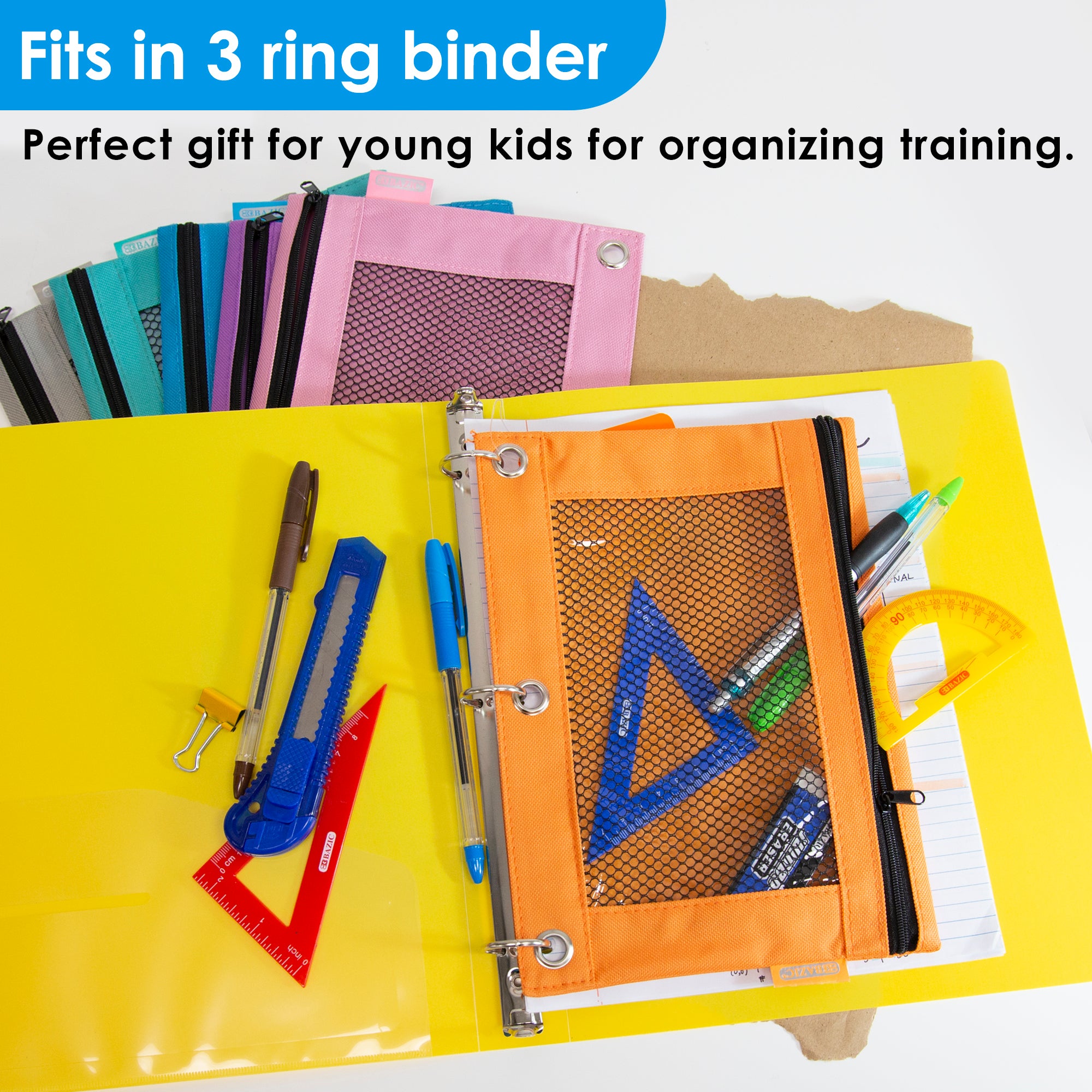 Retro Color 3-ring Pencil Pouch w/ Mesh Window