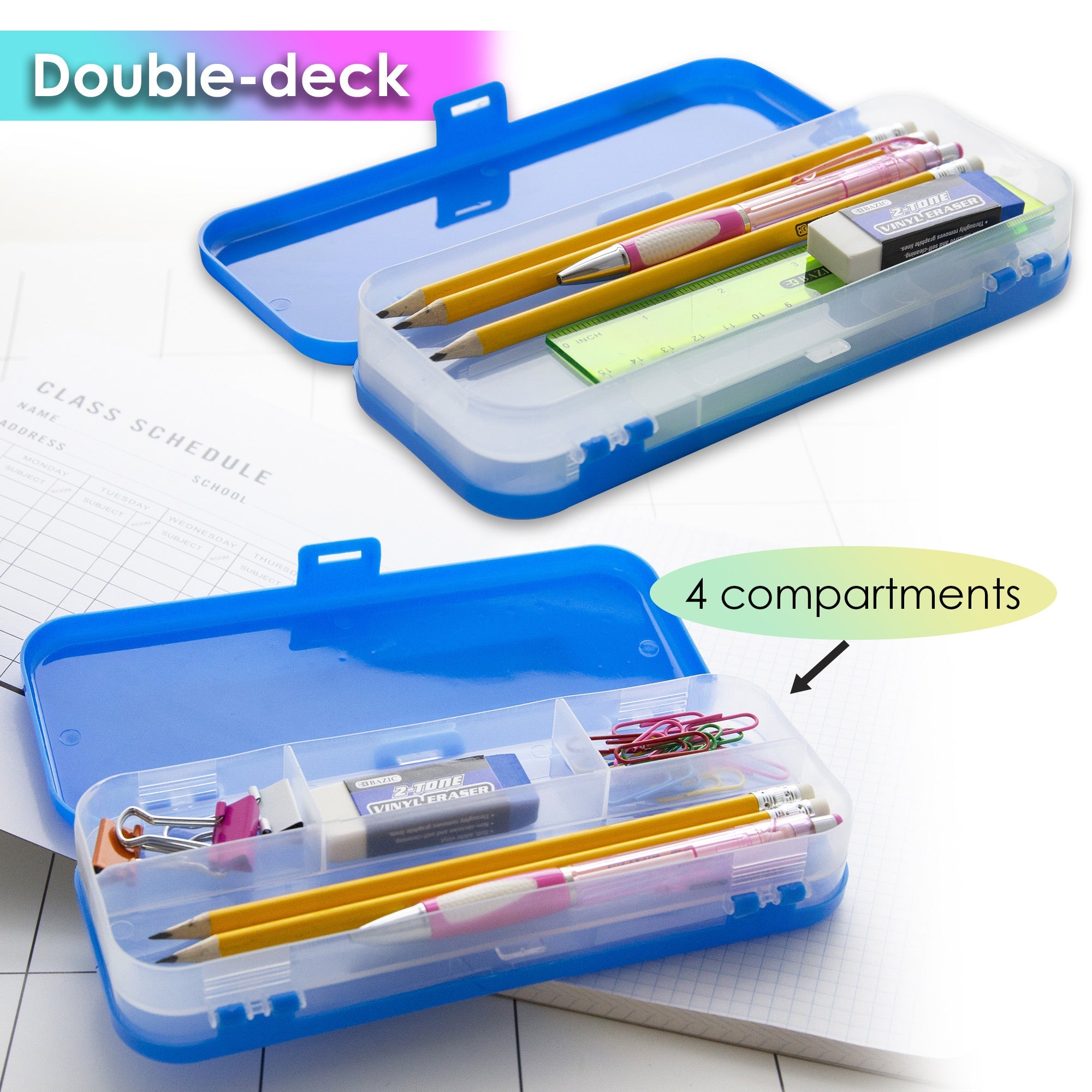 Pencil Case 8" Bright Color Double Deck Organizer Box