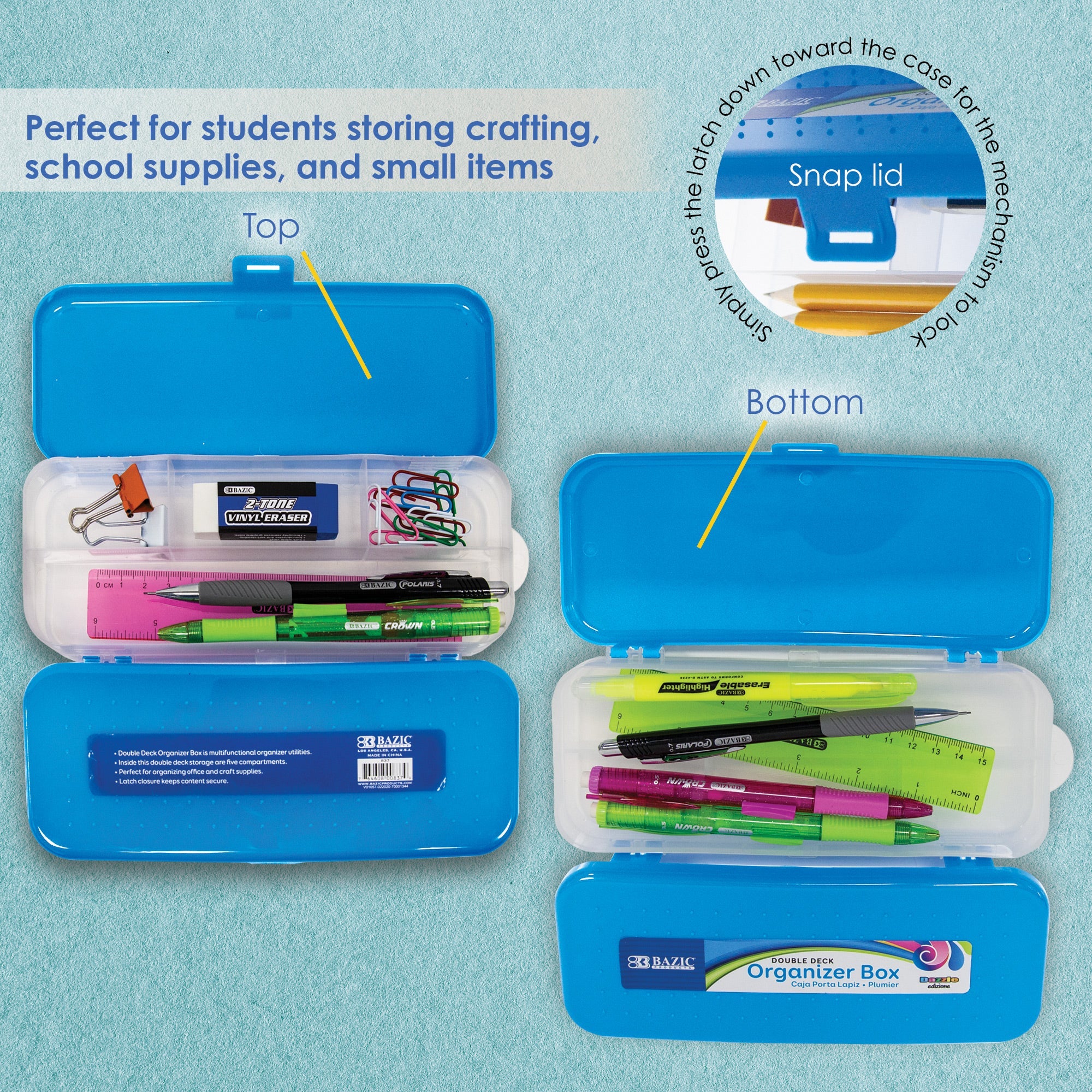 Pencil Case 8" Bright Color Double Deck Organizer Box
