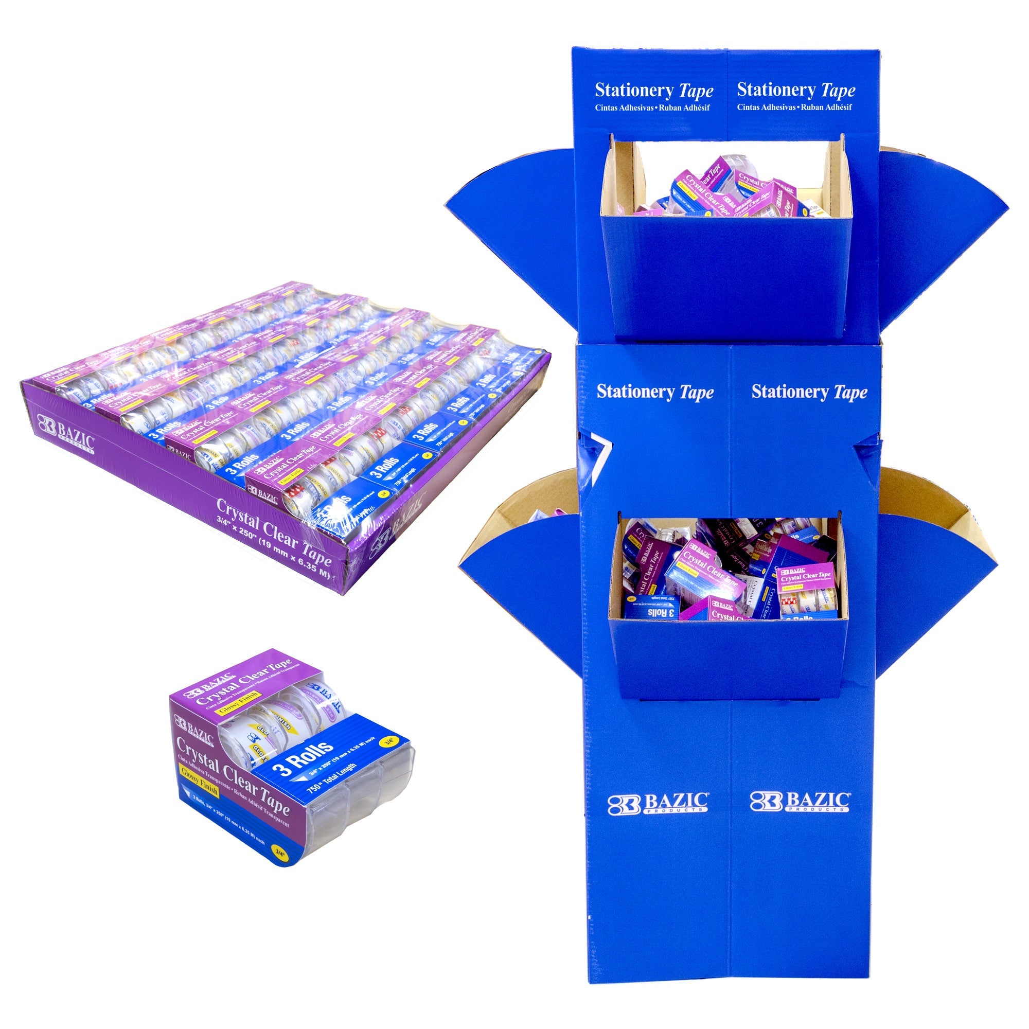 3/4" X 250" Crystal Clear Tape (3/Pack) w/ Floor Display