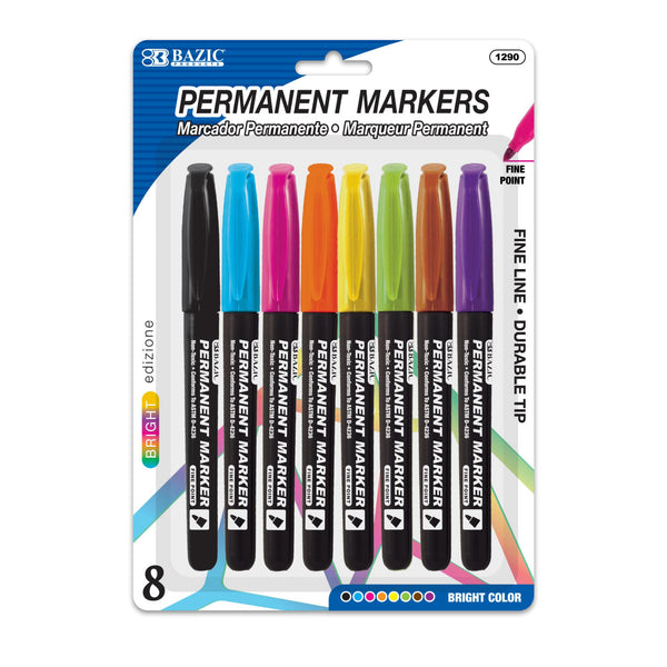 Bright Colors Fine Tip Permanent Markers w/ Pocket Clip (8/Pack)