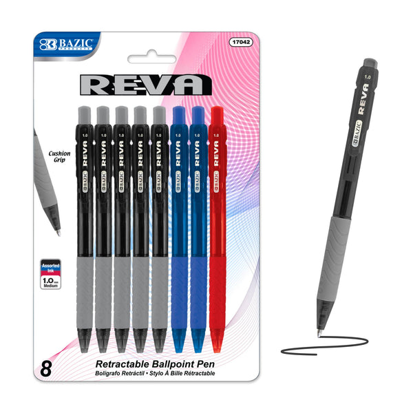 Reva Asst. Color Retractable Pen w/ Cushion Grip (8/Pack)