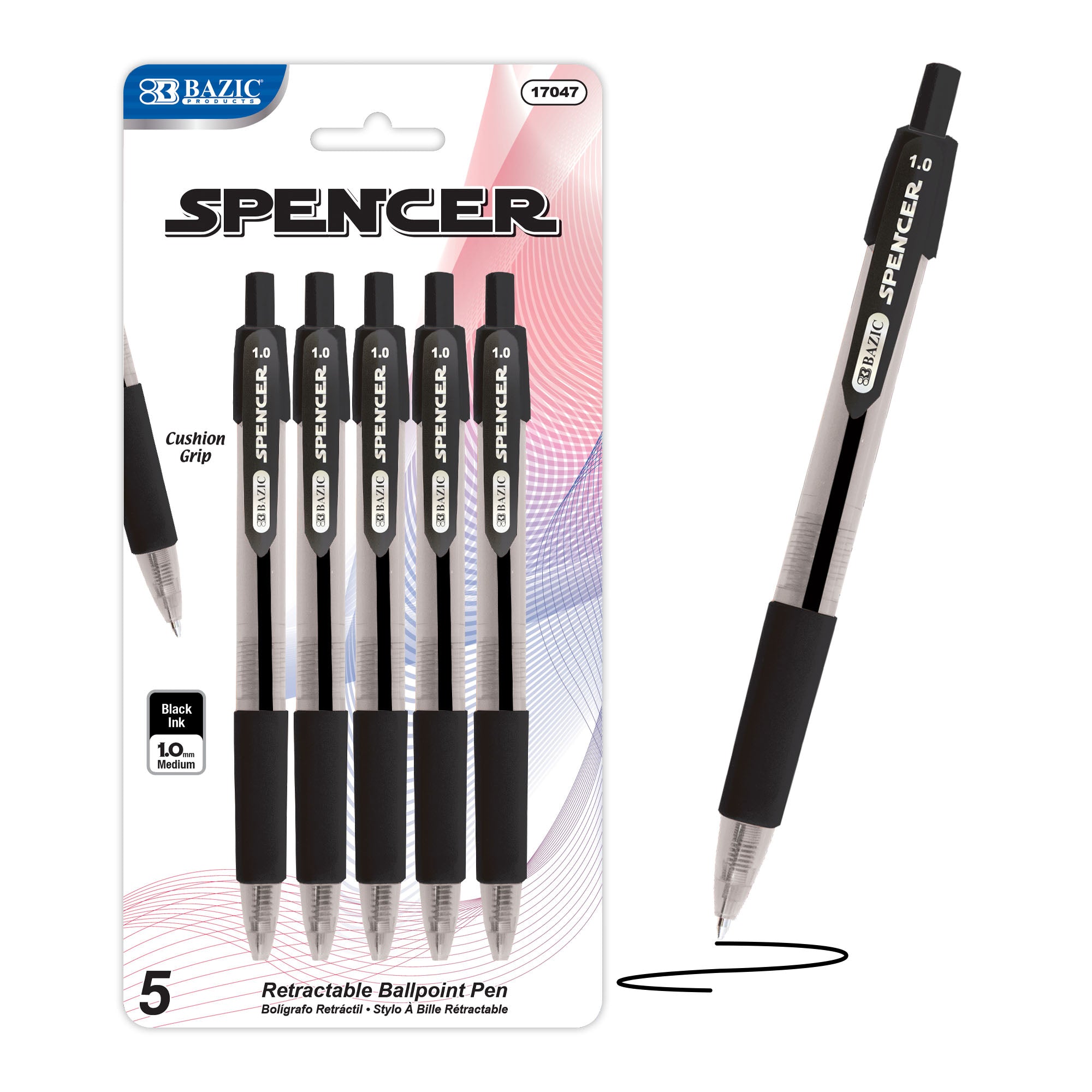 BAZIC Spencer Black Retractable Pen w/ Cushion Grip (5/Pack