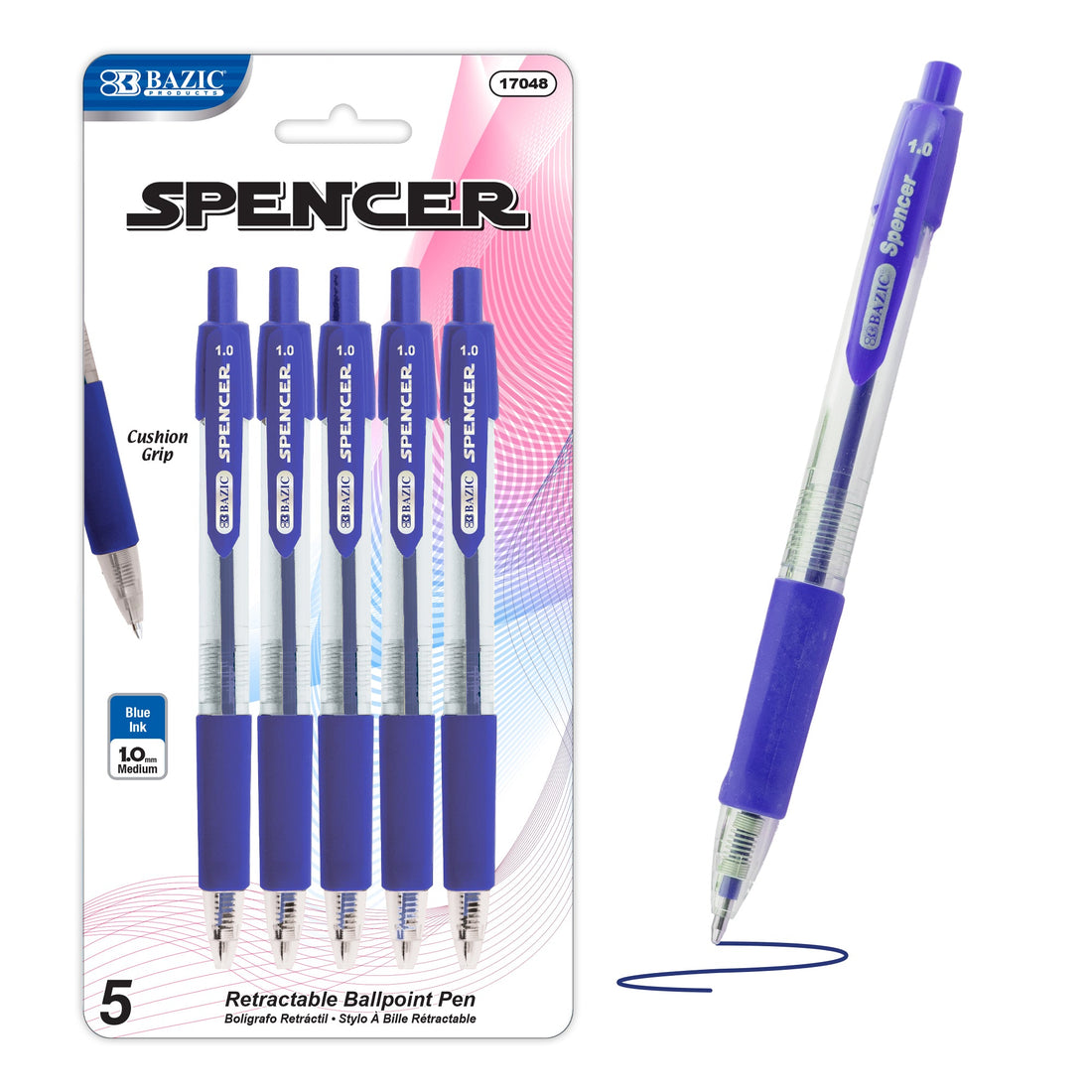 Spencer Blue Retractable Pen w/ Cushion Grip (5/Pack)