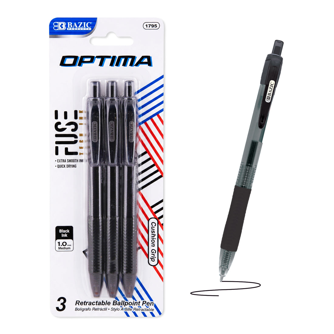 Optima Black FUSE Tech Ink Retractable Pen w/ Grip (3/Pack)