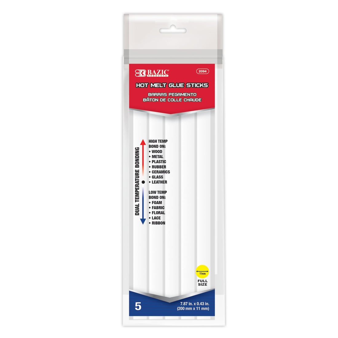 7.87" x 0.43" Dual Temp. Full Size Hot Melt Glue Sticks (5/Bag)