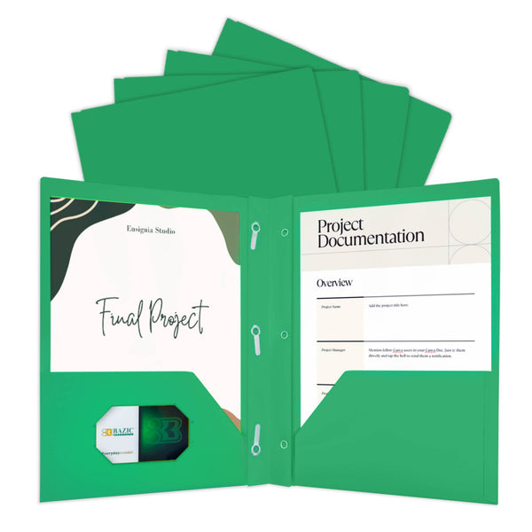Green Color 2-Pockets Poly Portfolio w/ 3 Prongs