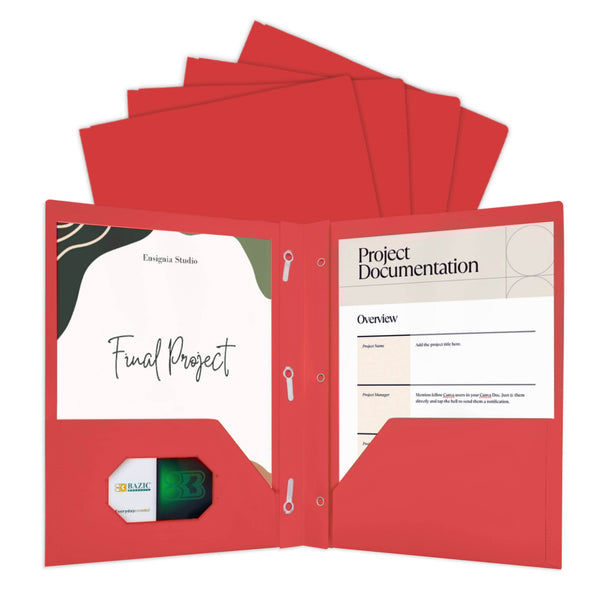 Red Color 2-Pockets Poly Portfolio w/ 3 Prongs
