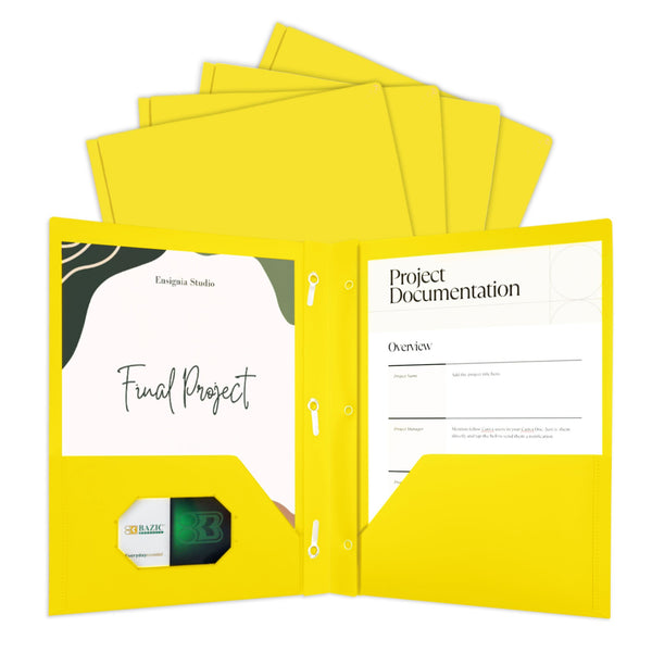 Yellow Color 2-Pockets Poly Portfolio w/ 3 Prongs