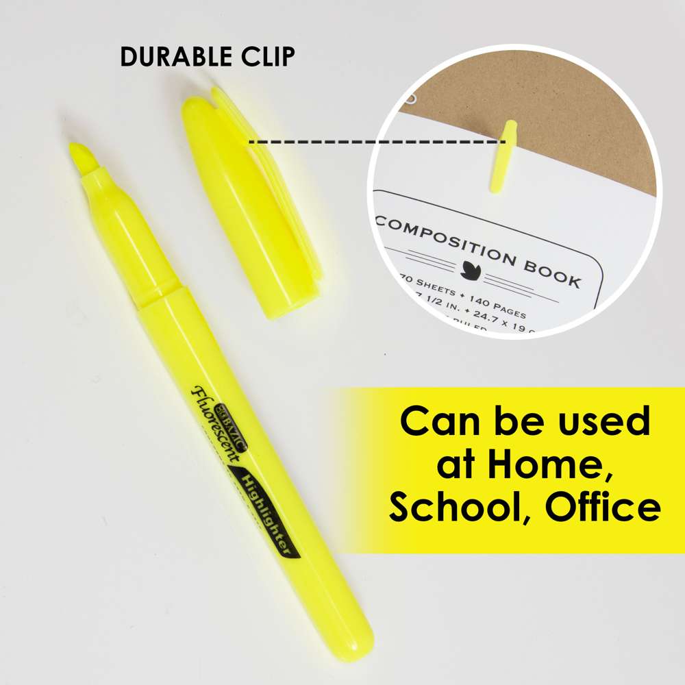 Fluorescent Highlighter Yellow w/ Pocket Clip (12/Pack)