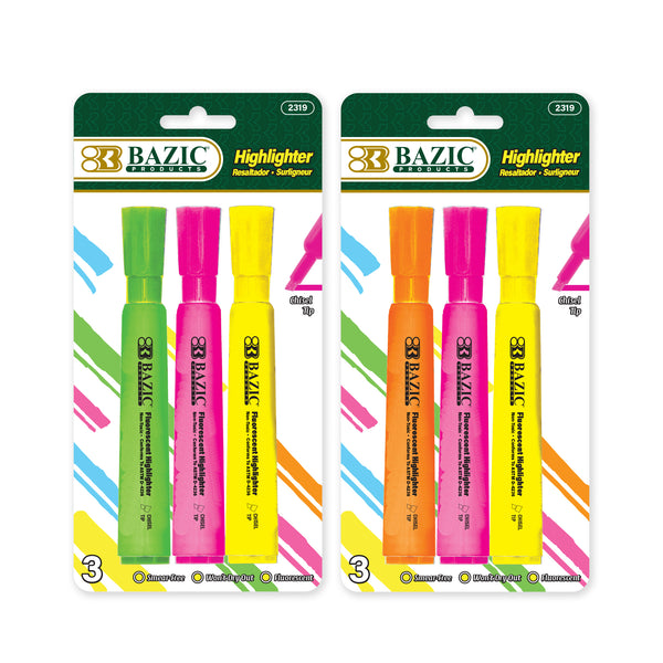 BAZIC Desk Style Fluorescent Highlighters (3/Pack) – BAZIC Products