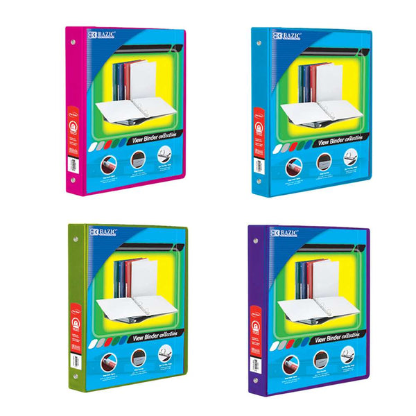 1" Asst. Neon Color 3-Ring View Binder w/ 2-Pockets