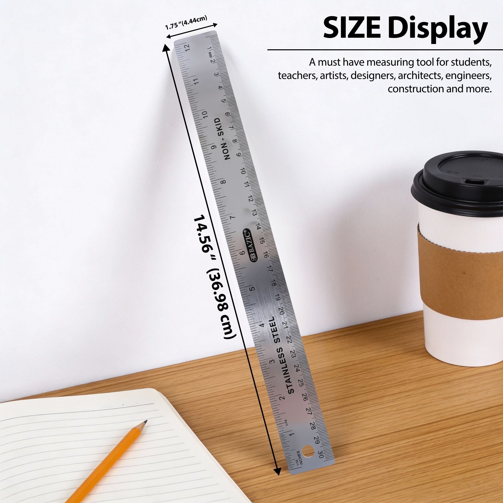 12" (30cm) Stainless Steel Ruler w/ Non Skid Back