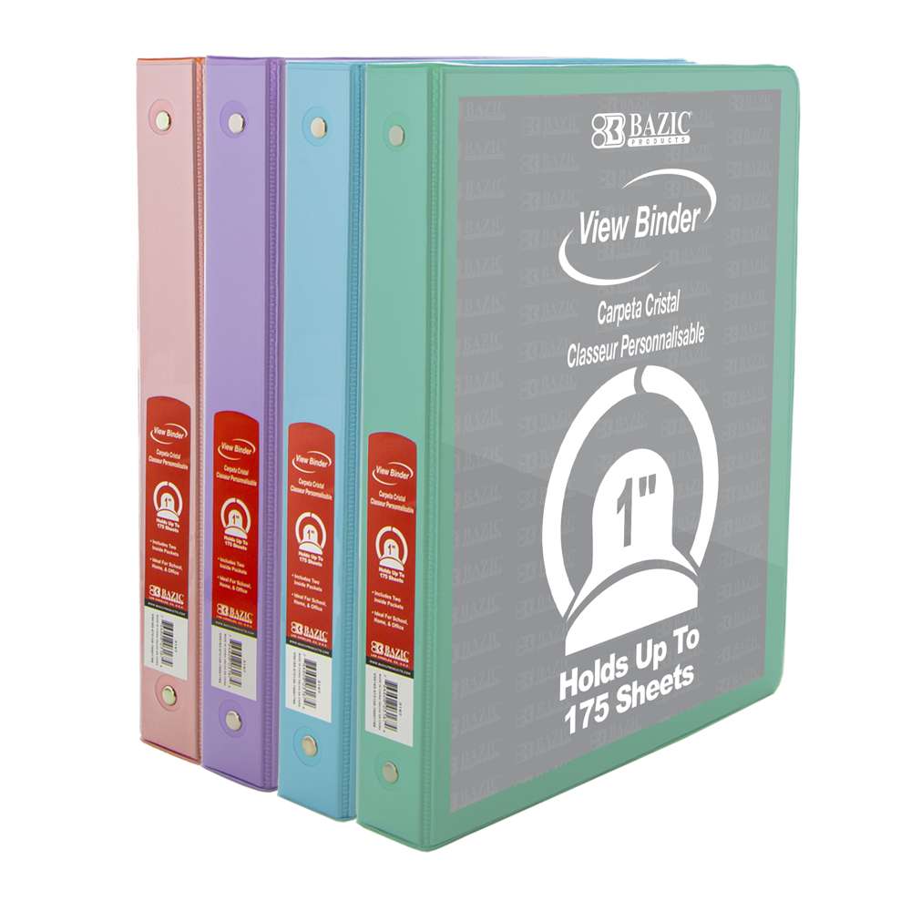 1" Asst. Pastel Color 3-Ring View Binder w/ 2-Pockets