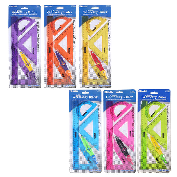 4-Piece Geometry Ruler Combination Sets w/ Center Wheel Compass