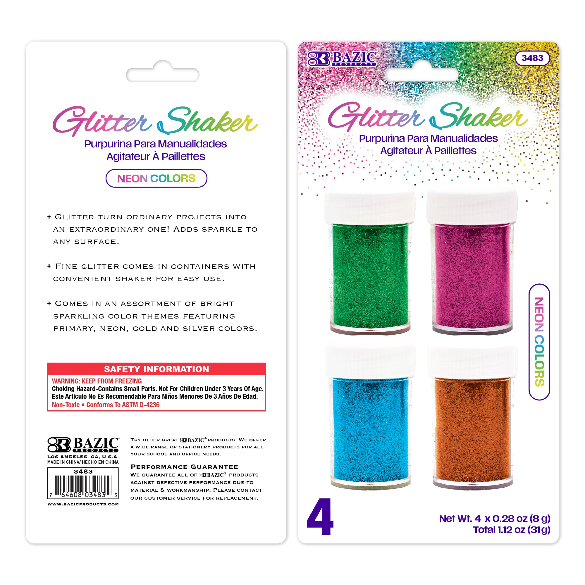 0.28 oz (8g) 4 Neon Color Glitter Shaker