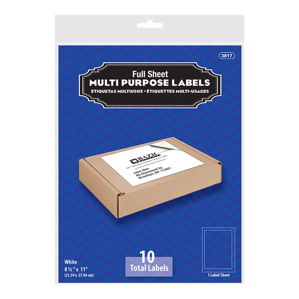 8.5" X 11" Full Sheet White Multipurpose Labels (10/Pack)