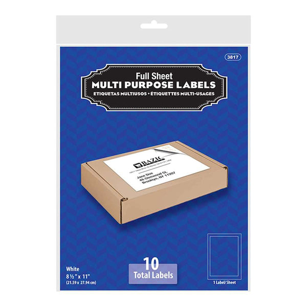 8.5" X 11" Full Sheet White Multipurpose Labels (10/Pack)