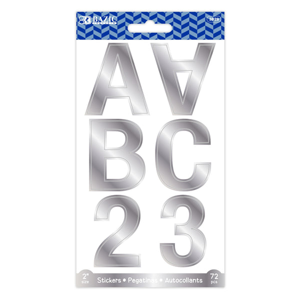2" Silver Metallic Color Alphabet & Numbers Stickers (72/Pack)