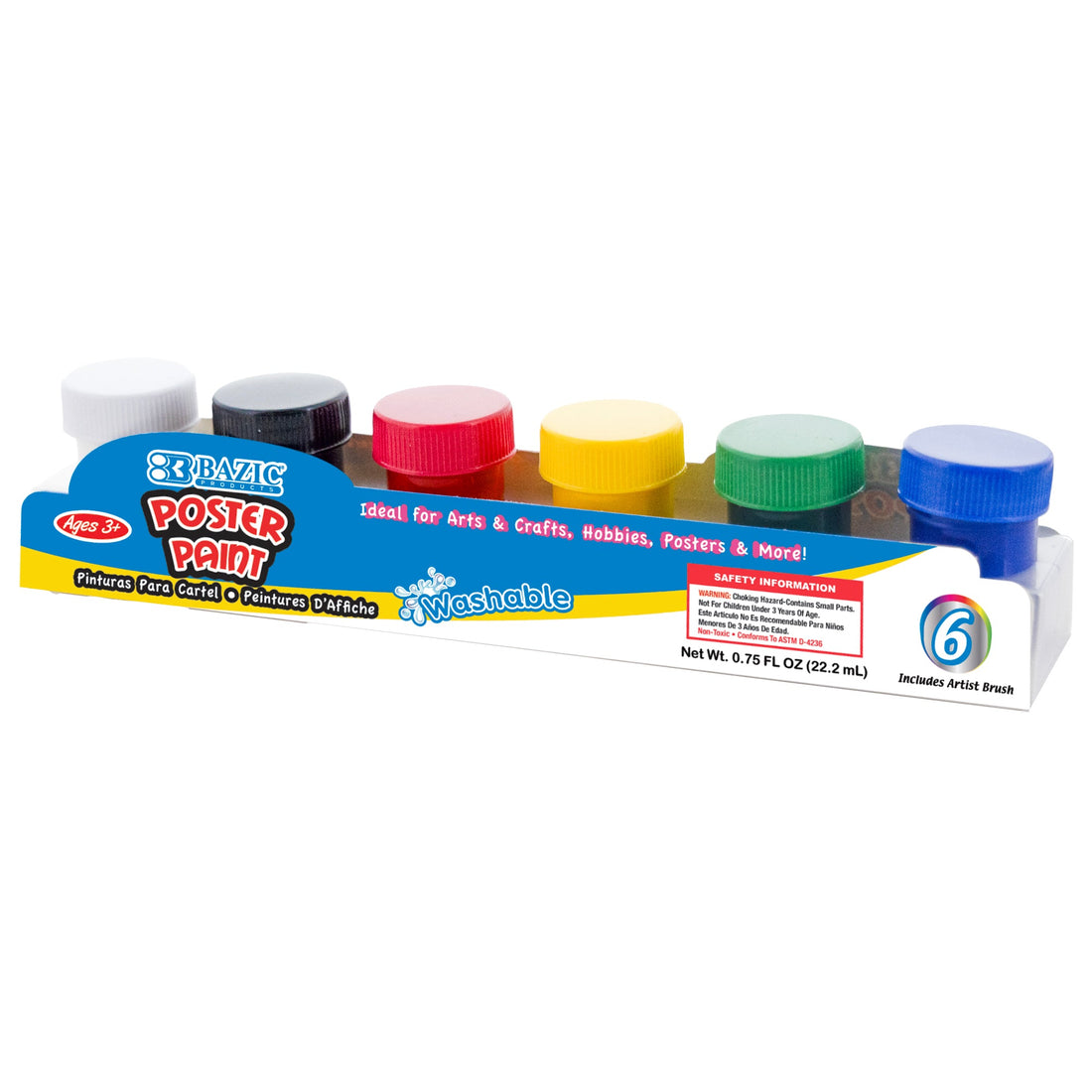 0.75 FL OZ (22.2 mL) 6 Color Washable Poster Paint w/ Brush