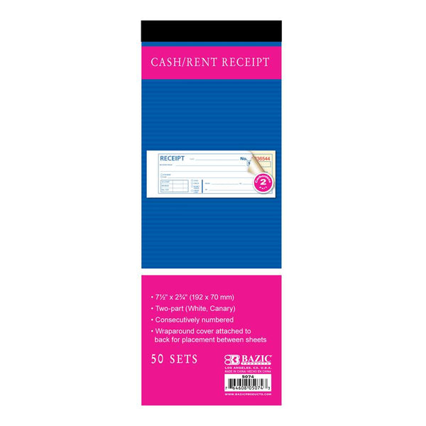 50 Sets 7 1/2" x 2 3/4" 2-Part Carbonless Cash or Rent Receipt Book