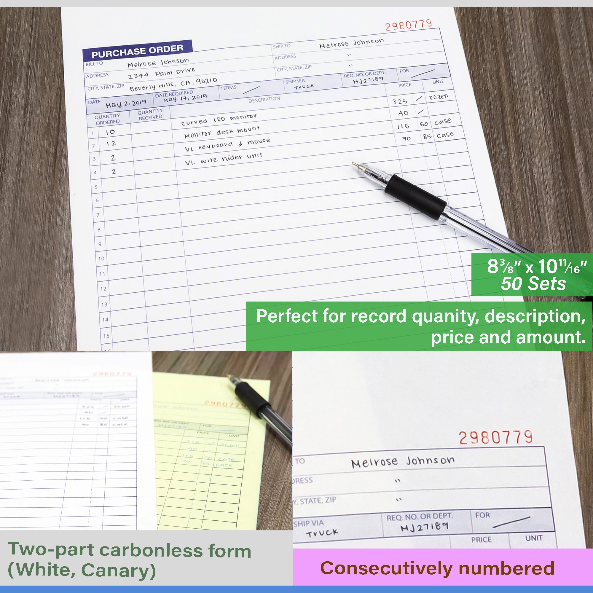 50 Sets 8 3/8" x 10 11/16" 2-Part Carbonless Purchase Order Book