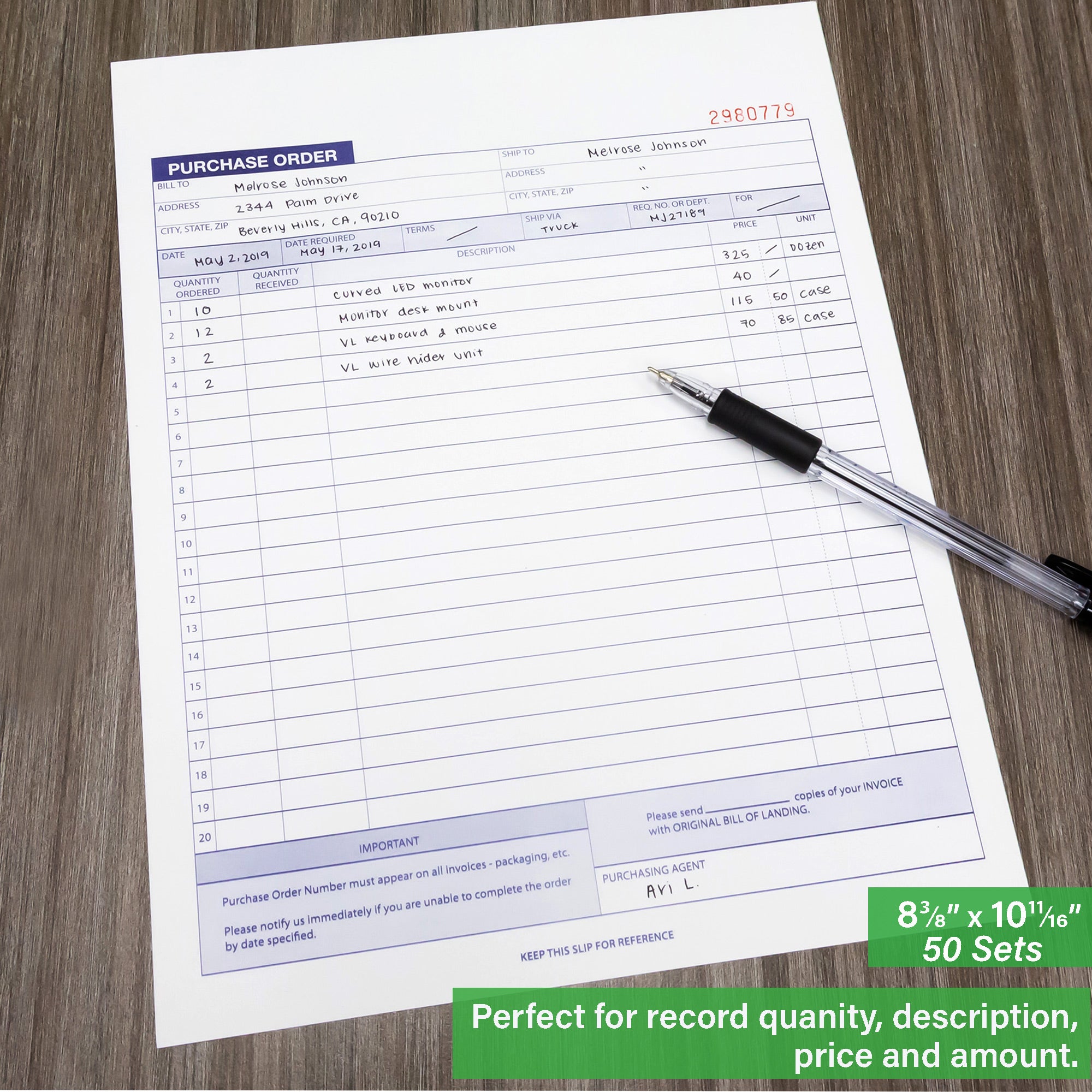 50 Sets 8 3/8" x 10 11/16" 2-Part Carbonless Purchase Order Book