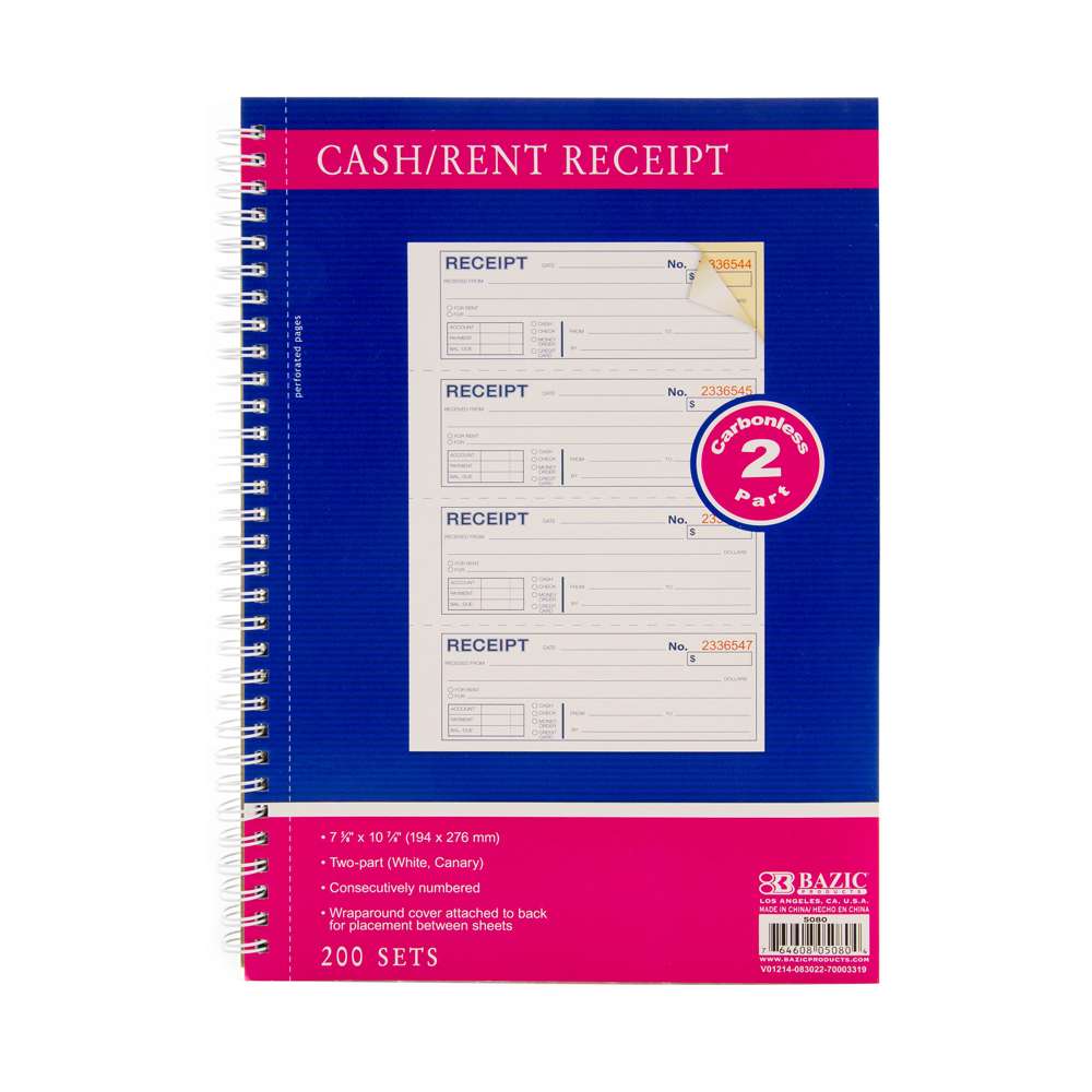 200 Sets 7 5/8" x 10 7/8" 2-Part Carbonless Spiral Bound Cash or Rent Receipt Book