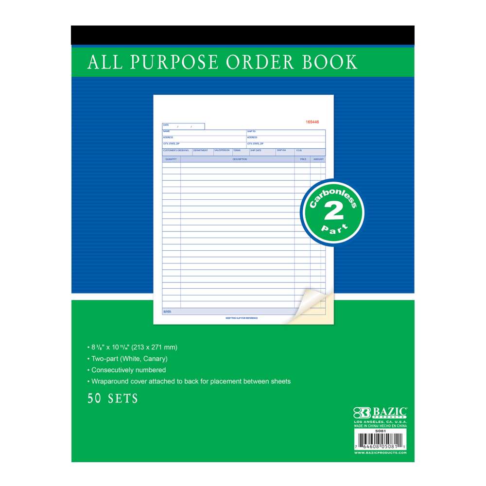 50 Sets 8 3/8" x 10 11/16" 2-Part Carbonless All Purpose Order Book
