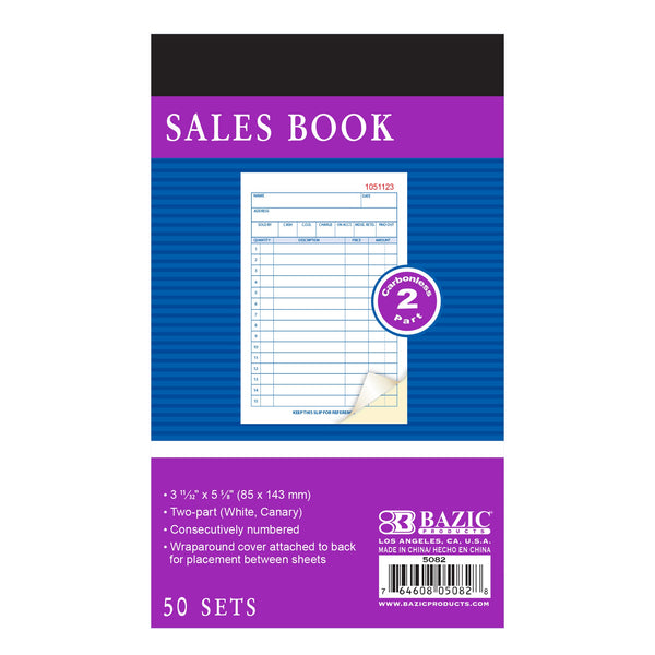 50 Sets 3 11/32" x 5 5/8" 2-Part Carbonless General Purpose Sales Book