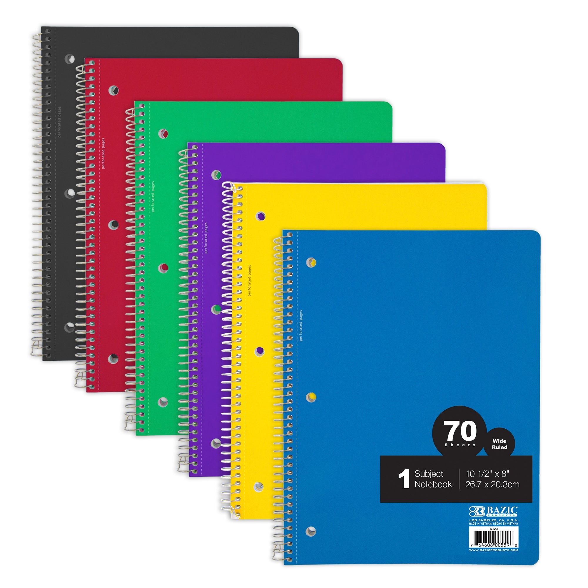 10-Pack Spiral Notebooks, 1 Subject, 70 Sheets Each, Wide Ruled – School/Office