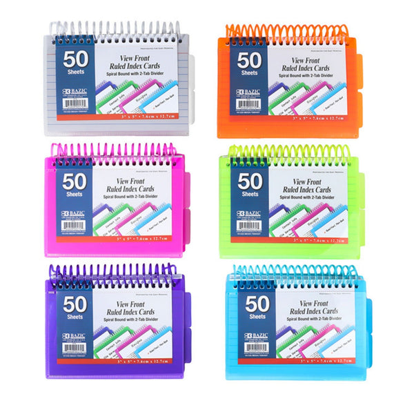 50 Ct. View Poly Spiral Bound 3" x 5" Ruled White Index Card w/ 2-Tab Divider