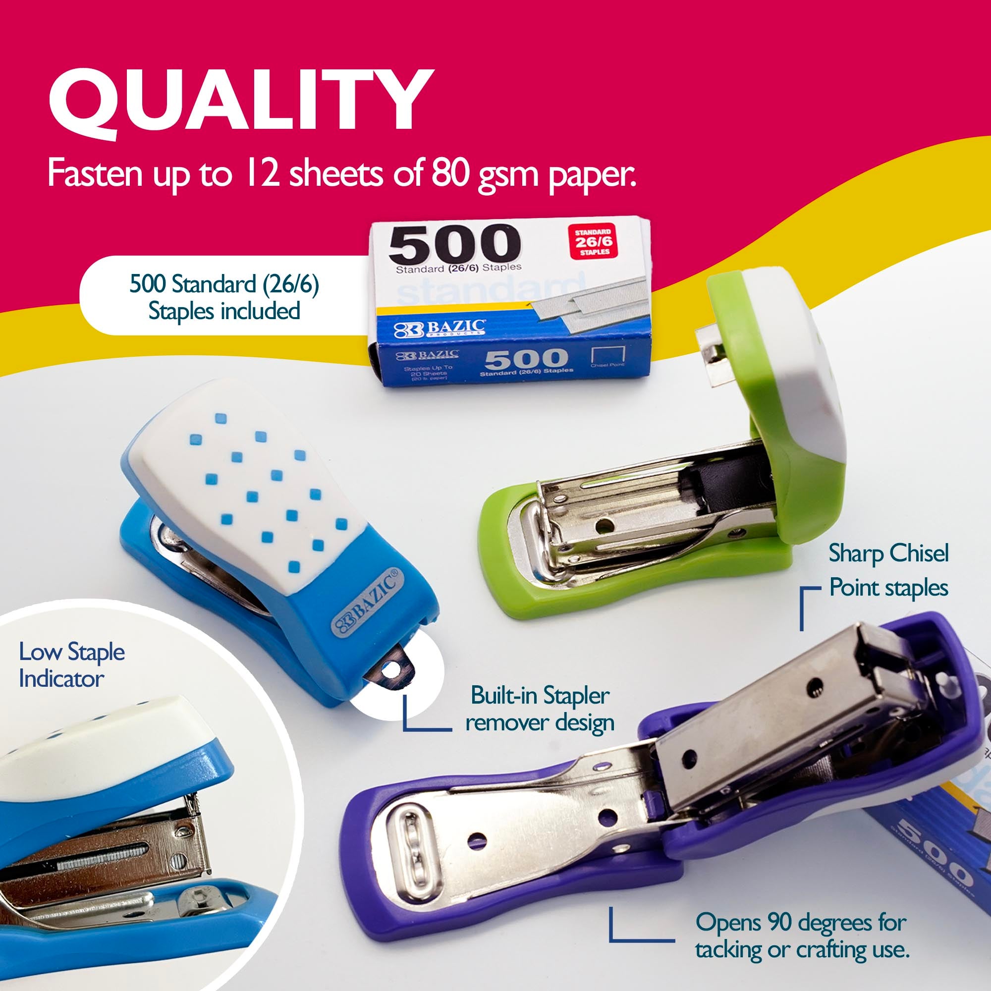 Mini Cushion Grip Standard (26/6) Stapler w/ 500 Ct. Staples