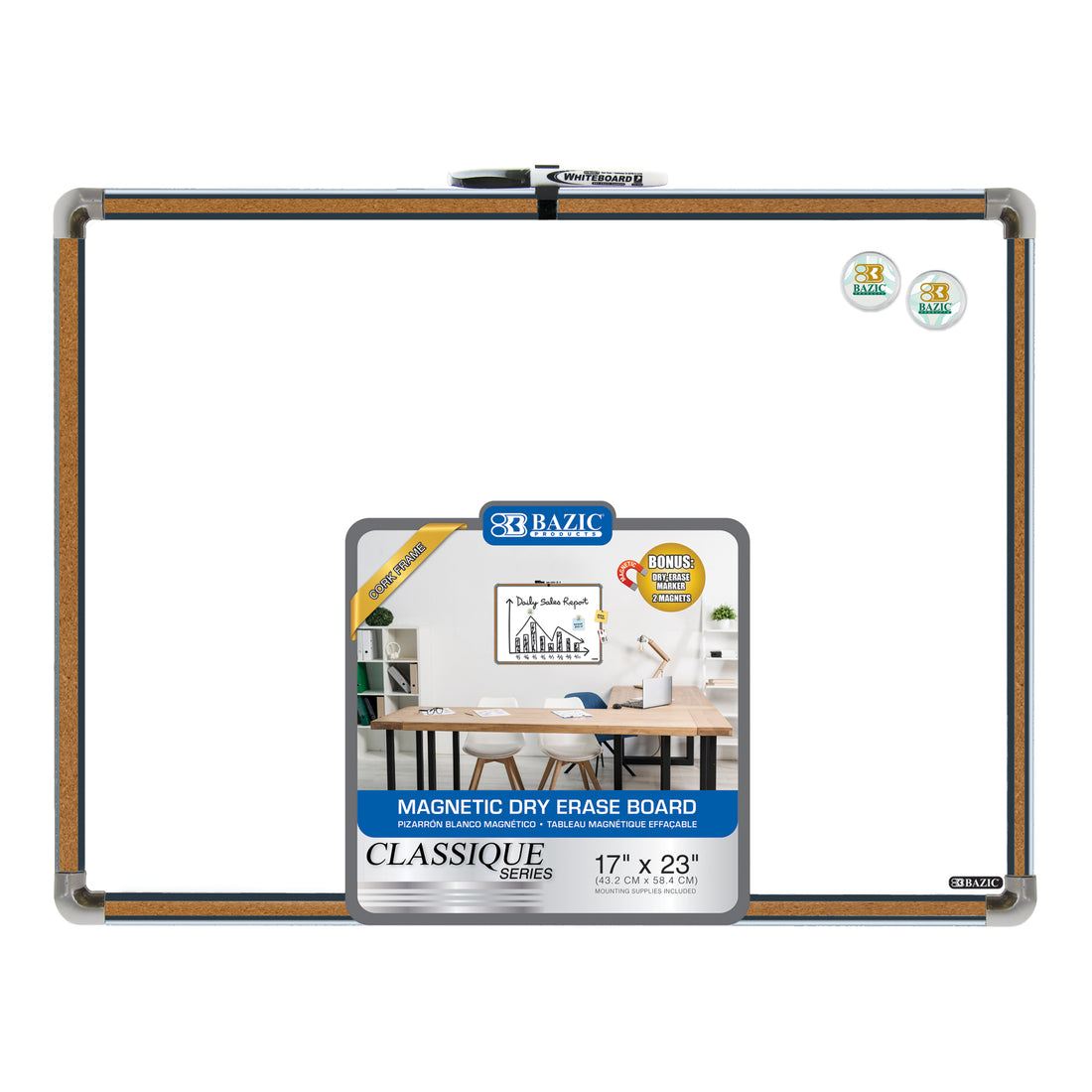 17" X 23" CLASSIQUE Cork Frame Magnetic Dry Erase Board w/ Marker & 2 Magnets