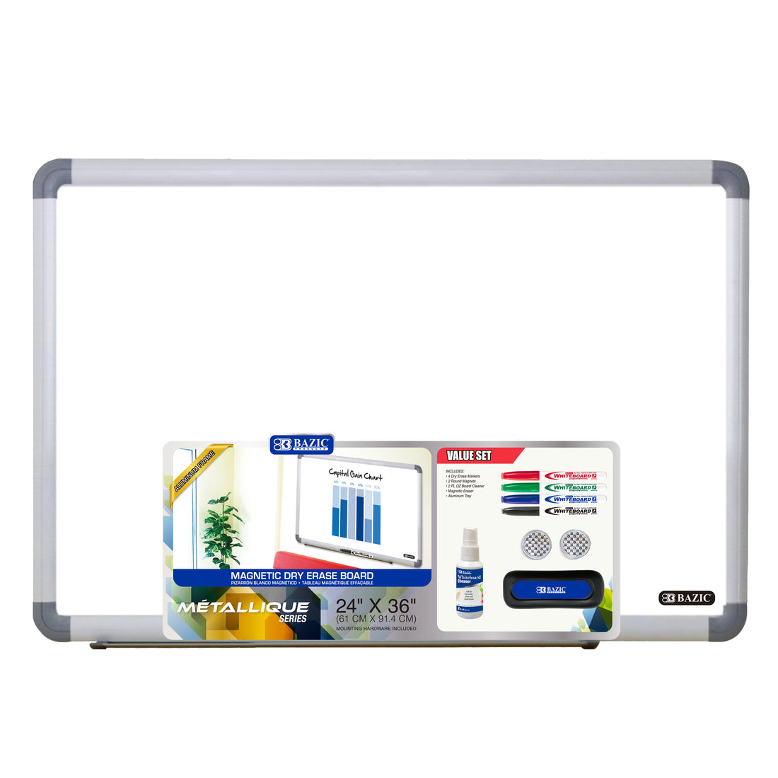 24" x 36" METALLIQUE Aluminum Frame Magnetic Dry Erase Board Value Pack